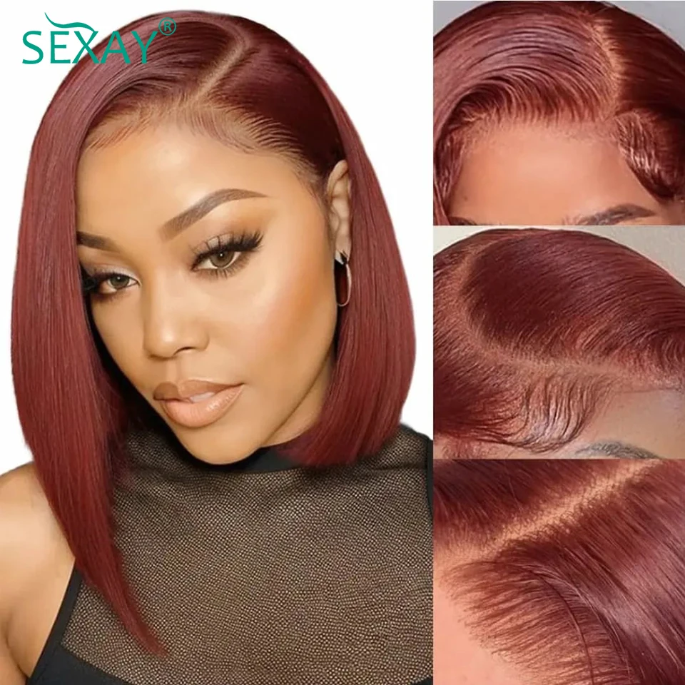 Reddish Brown Color Short Bob Wigs Pre Plucked 100% Bone Straight Human Hair Wigs Blunt Cut #33 Pre Colored Lace Front Bob Wigs