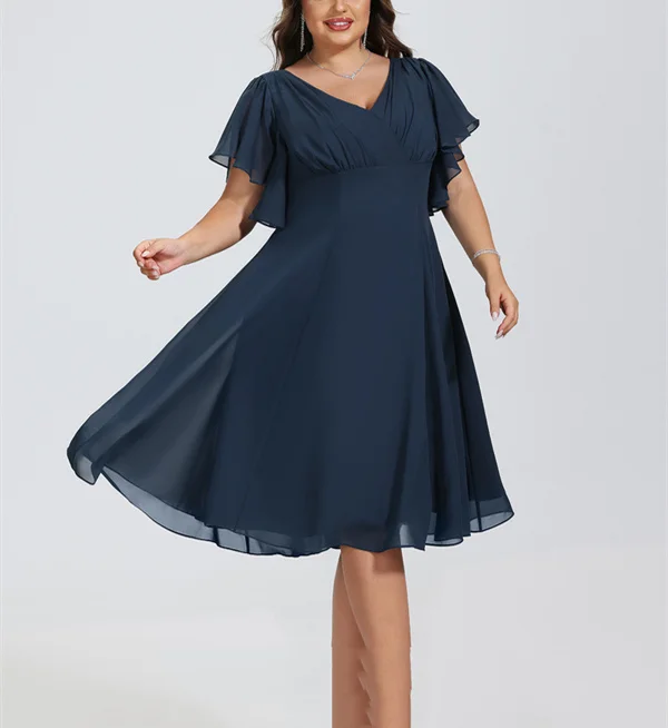 

A-Line V-neck Knee-Length Chiffon Cocktail Prom Dresses Woman Ruffle Short Sleeve Graduation For Girl robe de soirée femme