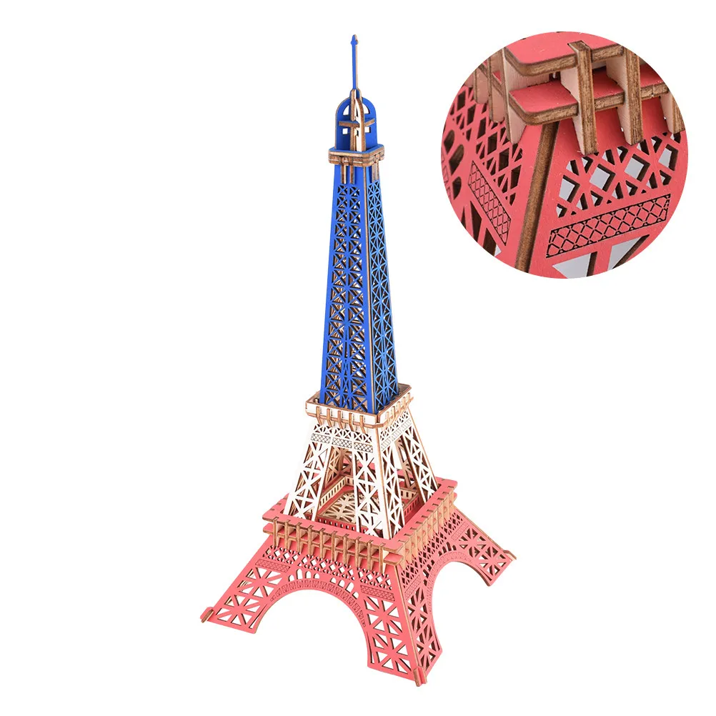 

Tricolor Eiffel Tower 3D Wooden Puzzle Durable Educational Set Develop Creativity Spatial Thinking Hand Eye Coordination