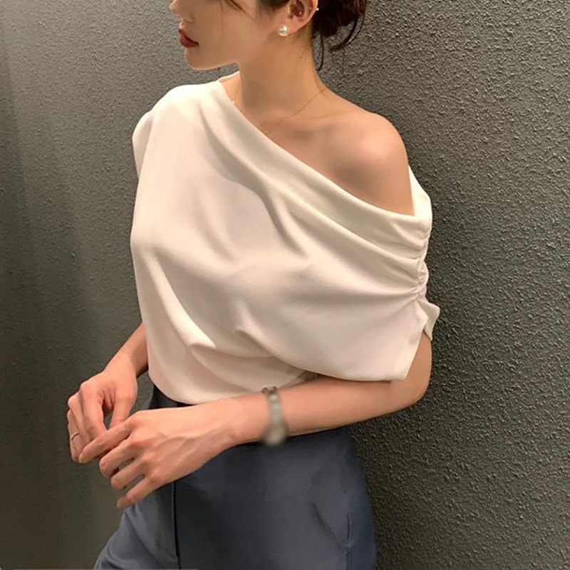 Slant Shoulder Loose Top For Women Short Sleeved Irregular T-Shirt Korean Version Elegant Solid Color Casual Bottoming Shirt