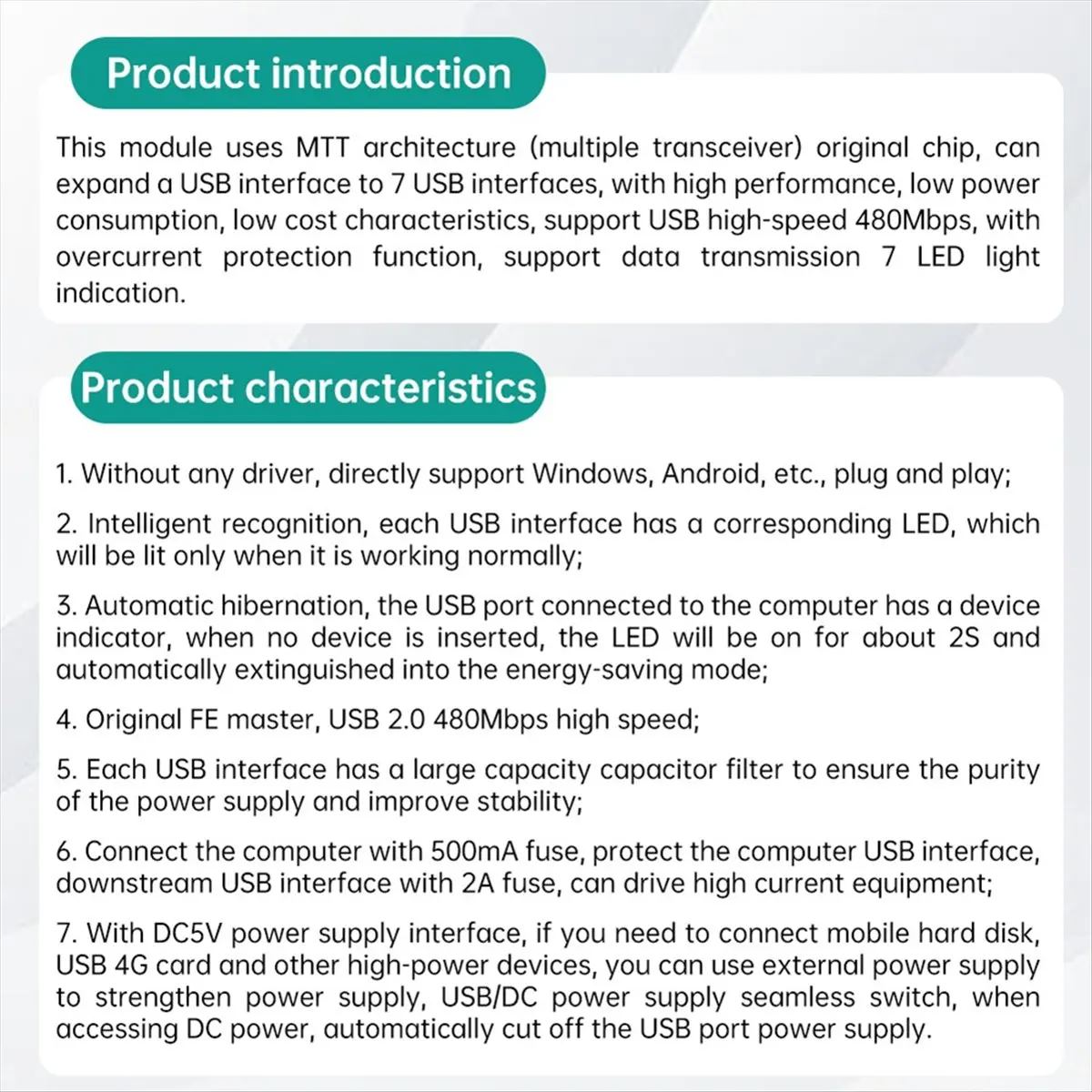 DT77 DC5V Type-C USB 2.0 HUB Module 1 to 7 Port USB Hub Seven Port Splitter Expansion Module with LED 480Mbps