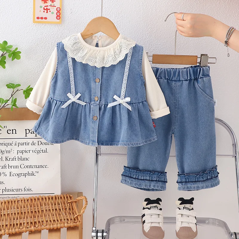 

Sets Girls Bow Cowboy Vest Spring Autumn New Korean Style Childrens Fashionable Three Piece Set 2025