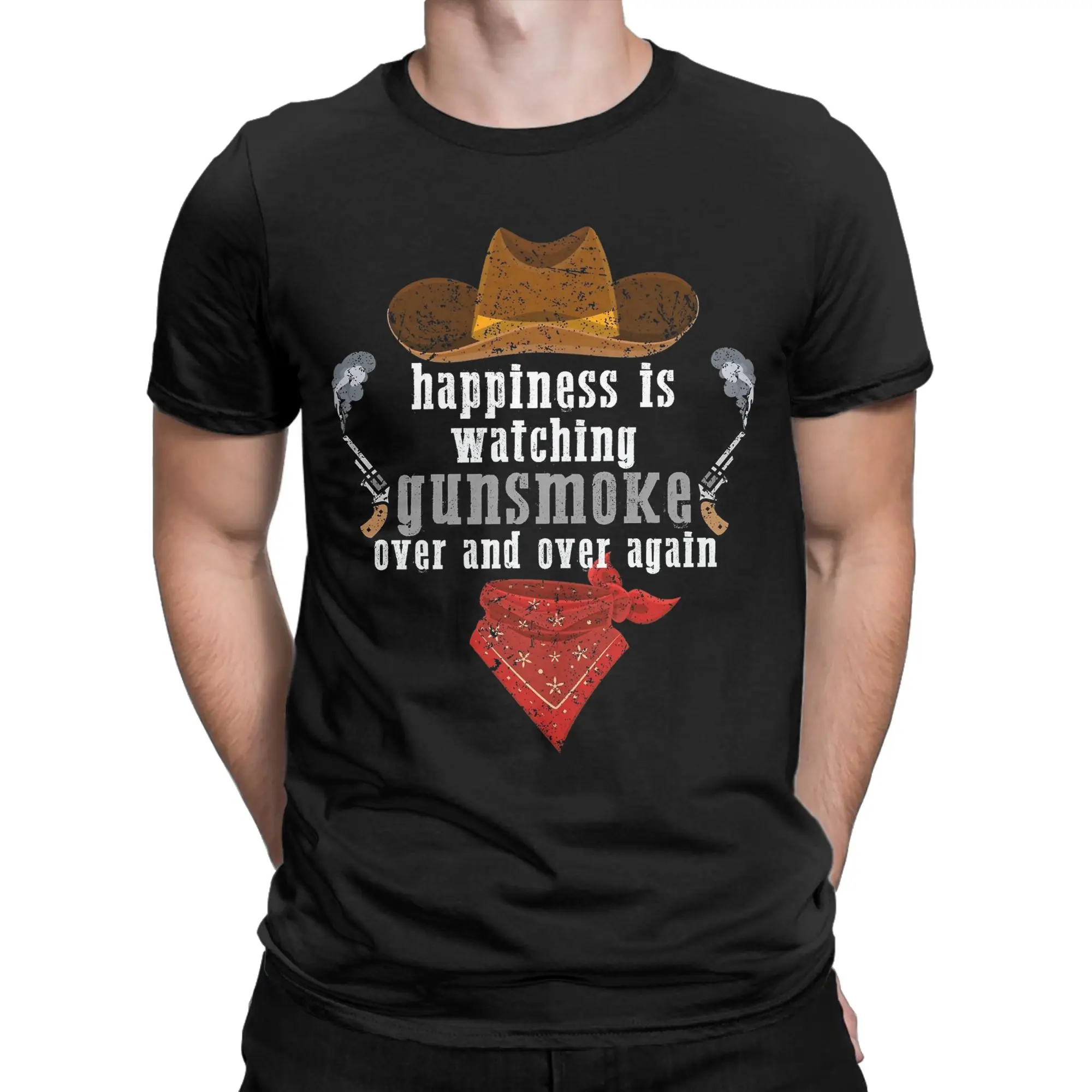 Men's Happiness Is Watching Gunsmoke Over And Over Again T Shirt  Cotton Clothes Leisure Short Sleeve Crewneck Tee Shirt T-Shirt