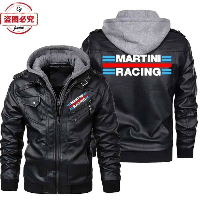 Martini Racing Logo Printed Racing Suit PU Leather Jacket Windproof Men's Hooded Leather Jacket Team Uniform Work Uniform