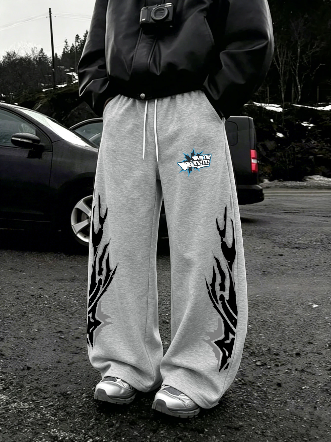 Men Dual Side Tribal Flame Chest Text Graphic Wide Leg Sweatpants Drawstring Loose Straight Baggy Y2K Hip Hop Streetwear Pants