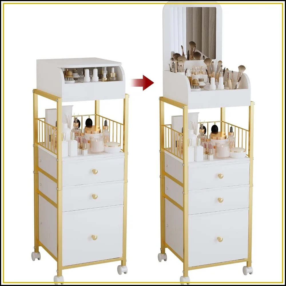 

Makeup Cart Organizer with Mirror, 3 Drawers & Wheels, Large Cosmetic Storage for Perfume, Brushes, Nails, Gold