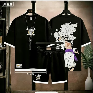 

2026 Men's One Piece Luffy Gear 5 Hand Print 2 Piece Outfit, Waffle Knit T-shirt + Shorts Set, Anime Manga Streetwear Tracksuit