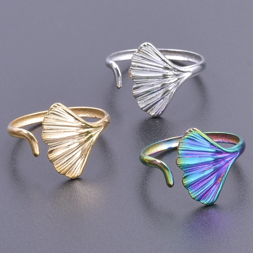 Opening Stainless Steel Ring Ginkgo Biloba Shape Adjustable Rings For Women Men Plant Finger Ring Bague Femme Acier Inoxydable