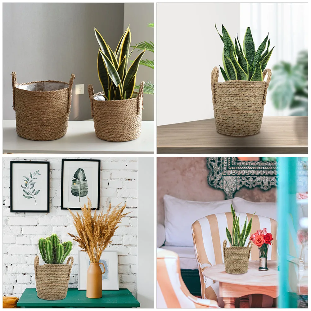 

Straw Woven Basket Plant Container With Handle Multi-Purpose Flower Planter For Indoor Garden Desktop Decor Storage