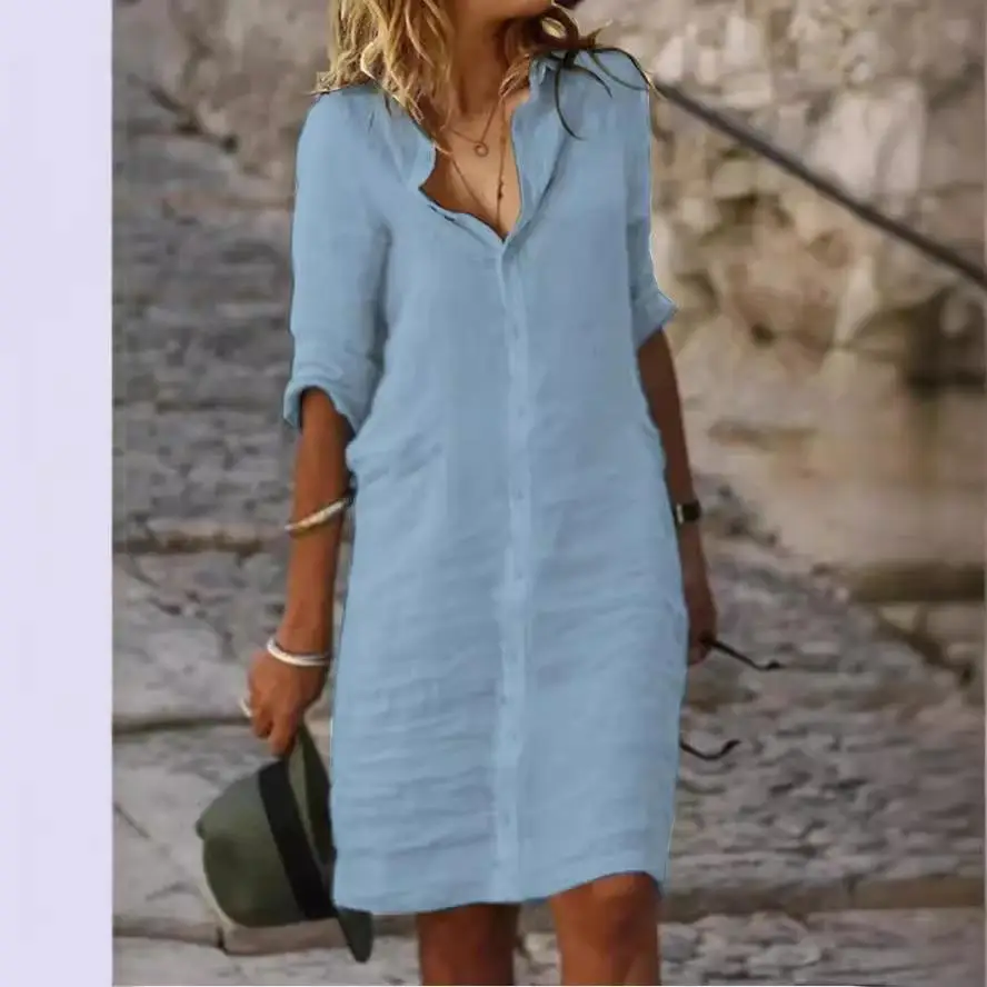 Irt Dr informal de lino y algodón con cuello abatible, silueta acampanada de media manga, cintura suelta cómoda para ir al trabajo y ocio