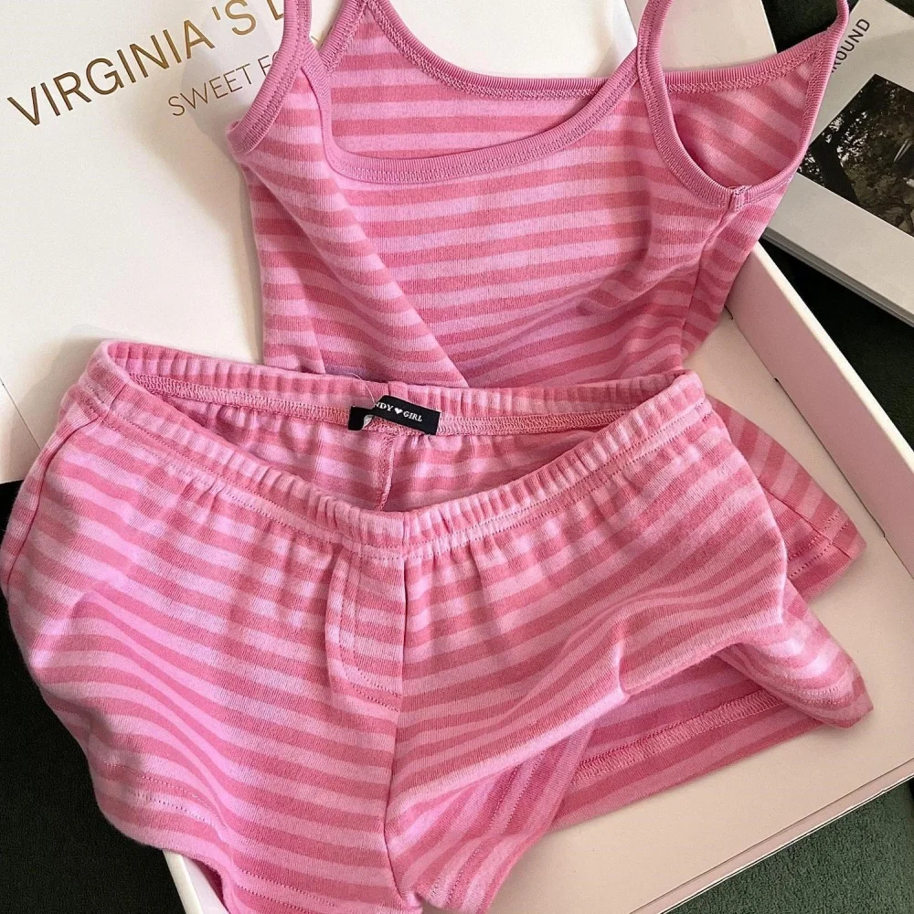 Pink Striped Short Sleeve T-shirt Shorts Set Women's Summer Camisole Suit Casual Cute Pajama Home Outfit Matching Two Piece Set view 6