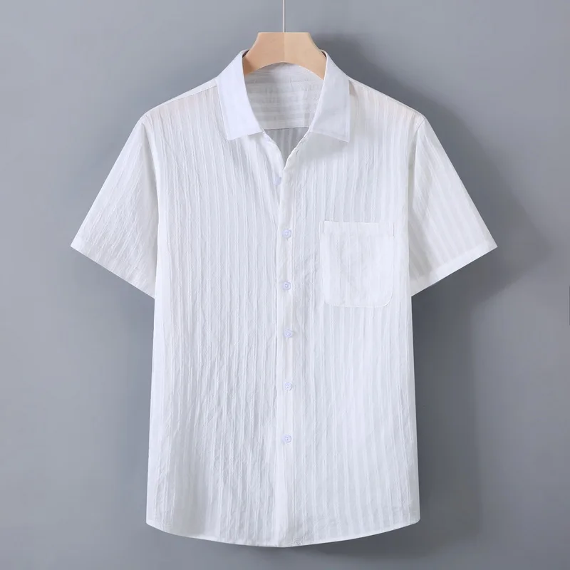 1511 Summer Lightweight Ice Silk Men's Short Sleeve Shirt Japan Style Classic Striped Loose Casual Versatile Daily Tops Male