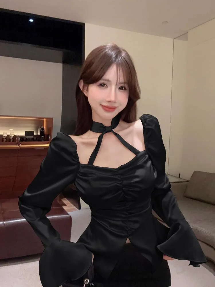 Ezgaga Elegant Shirts Women Flare Long Sleeve Slasn Neck French Style Satin Backless Split Crop Tops Sexy Ladies Blouse Casual