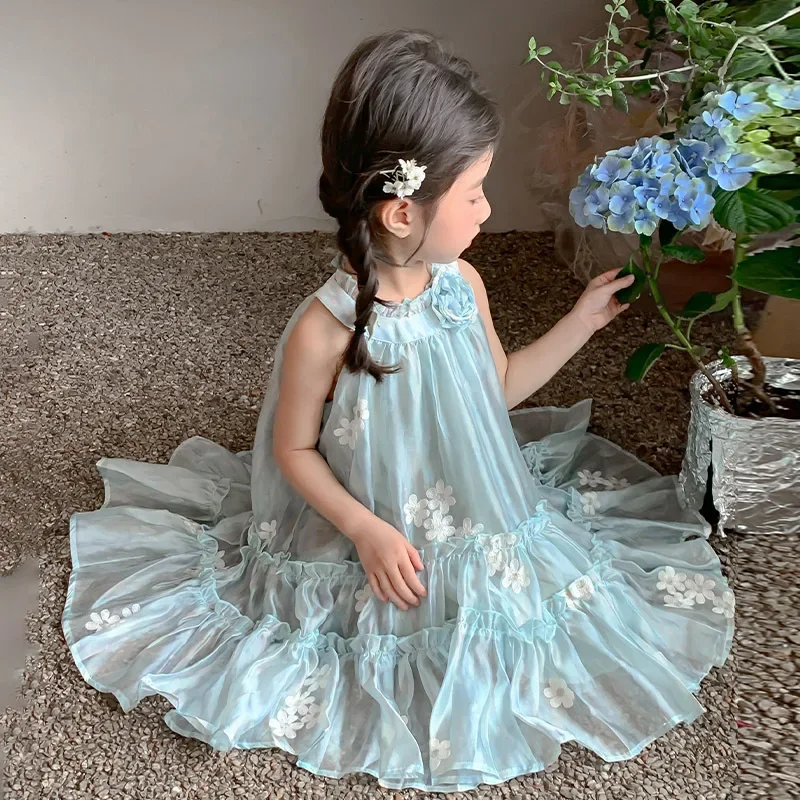 

Girls T-shirt 2025 Summer New Childrens Clothing Korean Style Girl Baby Embroidery Halter Vest Princess Skirt Casual Simple