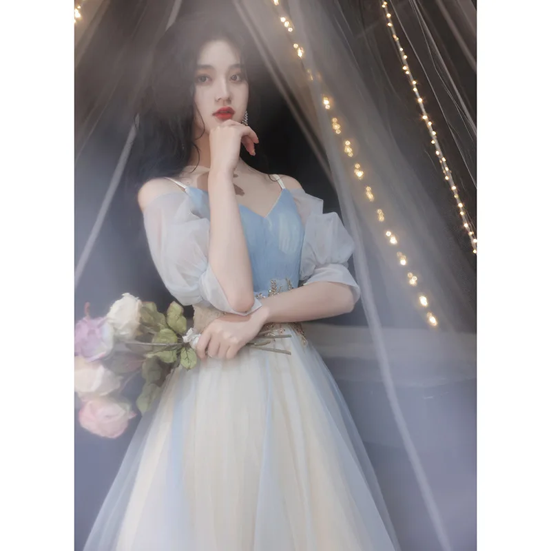 

Sweet Bridesmaid Dress New V-neck Off Shoulder Fashion Appliques Evening Dresses Tulle Short A-line Sister Wedding Party Vestido