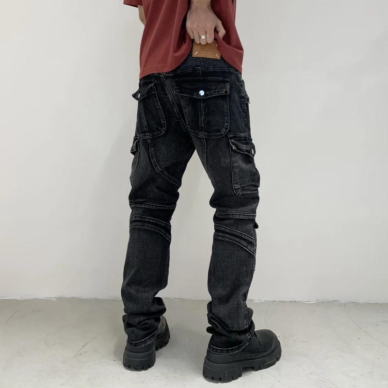 Motorcycle Jeans Men's Trendy Multi-Pocket Stitching Design Street Handsome Rock Men's Clothing Slim-Fit Straight Trousers