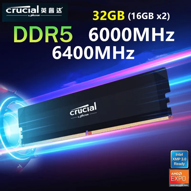 Crucial DDR5 Pro RAM 32GB Kit (2x16GB)6000MHz 6400MHz Overclocking Desktop Gaming Memory black