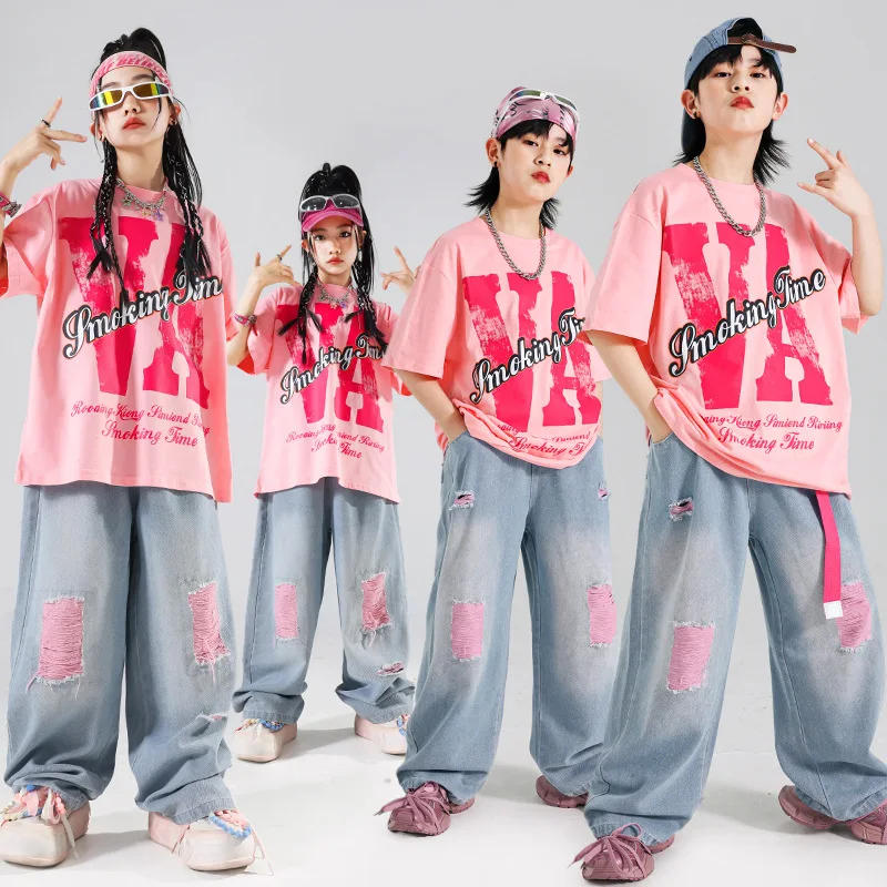 Mädchen Streetwear Street Dance T-shirt Rosa Lose Jeans Hip Hop Kleidung für Kinder Jazz Zerrissene Denim Hosen Outfits Teen Kostüm