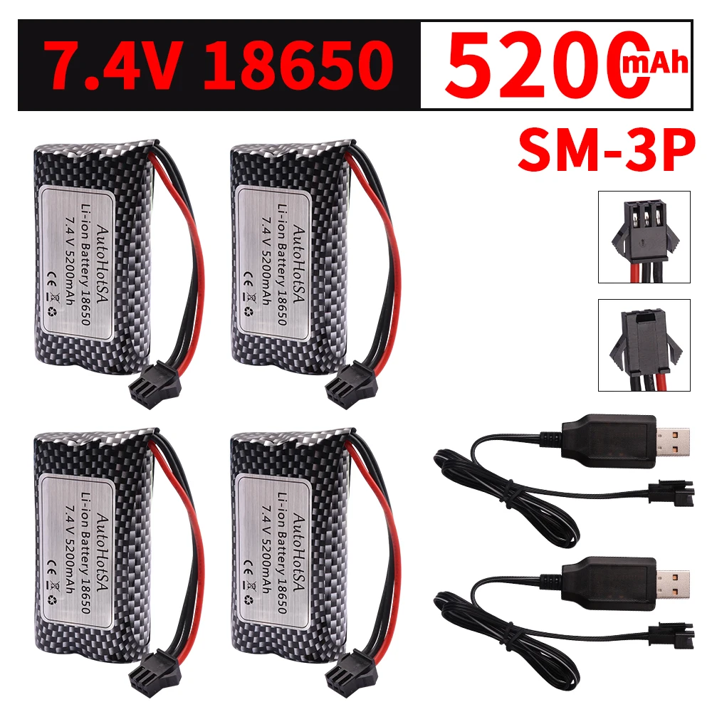 Batería de iones de litio MN82 7,4 V 5200mAh 18650, forMN128 MN78 LC79, reloj con detección de gestos, coche acrobático teledirigido trenzado, enchufe de SM-3P 2S