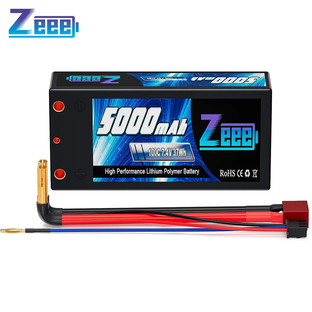 Zeee 2S Shorty Lipo Battery 7.4V 100C 5000mAh Hardcase with 4mm Bullet to Deans Plug for RC Car 1/10 Scale Buggy Vehicles Models