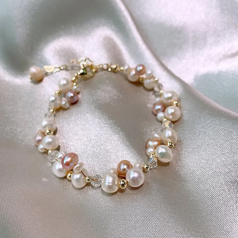 100% Natural Freshwater Pearl & Crystal 14K Gold Filled Female Jewelry Sets For Women Necklace Bracelet Wholesale Gifts No Fade