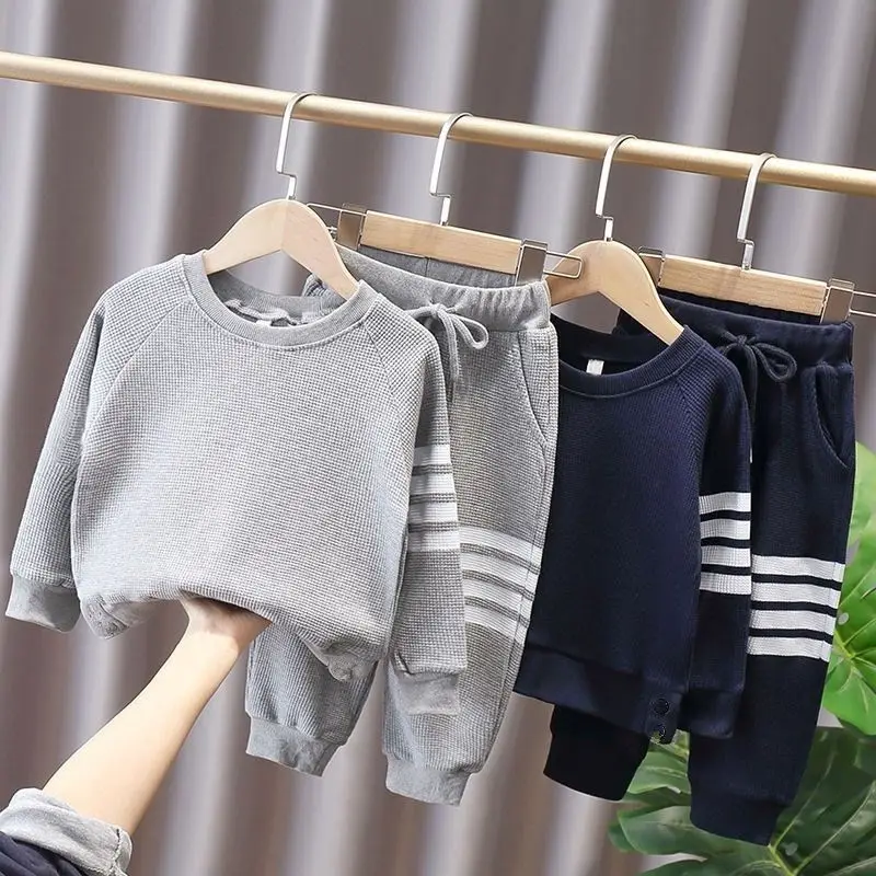 

Children's Set 2024 New Boys and Girls Korean Spring and Autumn Set Fashion Stripe Round Neck Casual Sports Two Piece Set 0-7Y