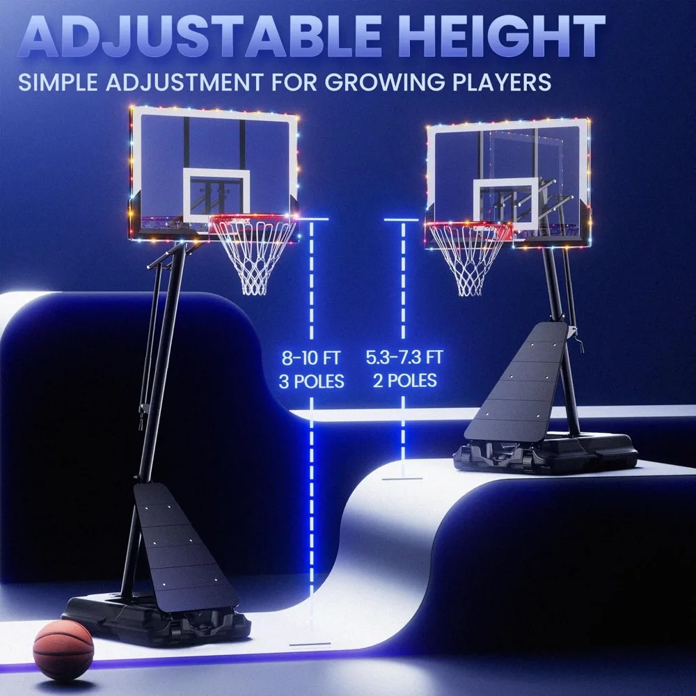 Portería de baloncesto al aire libre ajustable de 10 pies con luz LED, tablero posterior duradero, sistema portátil para todo tipo de clima