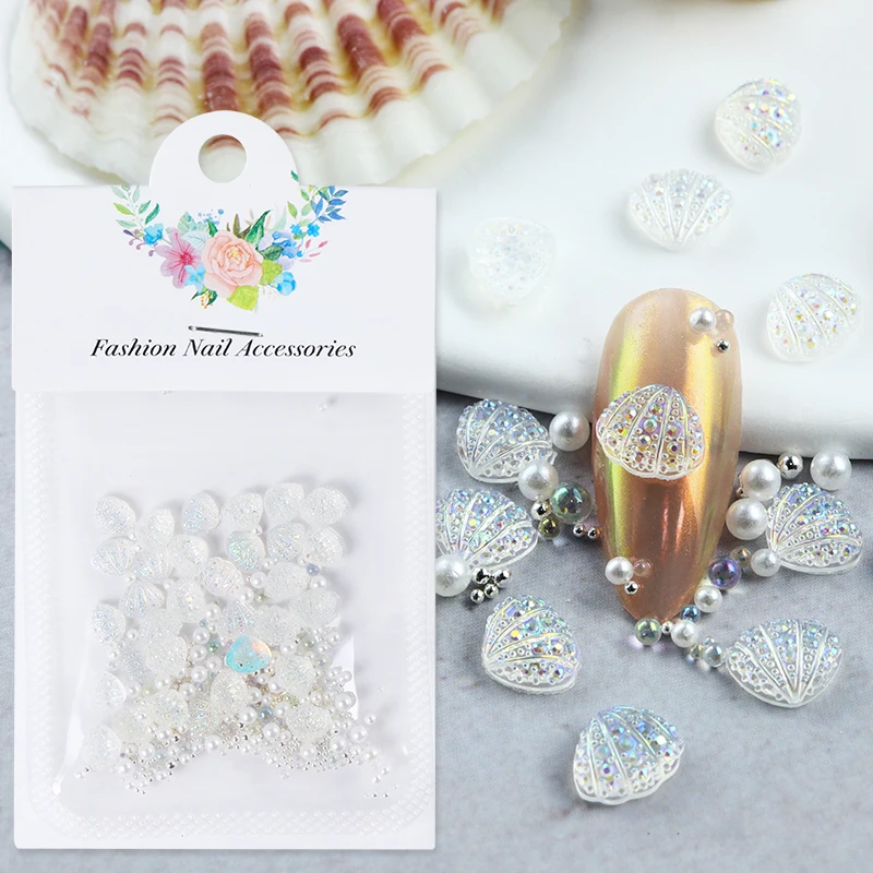 30Pcs น่ารัก Sea Shells ตกแต่งสำหรับเล็บ Sparkly Mermaid เนื้อ Rhinestones เล็บอะไหล่เกาหลี Abalone ชิ้น