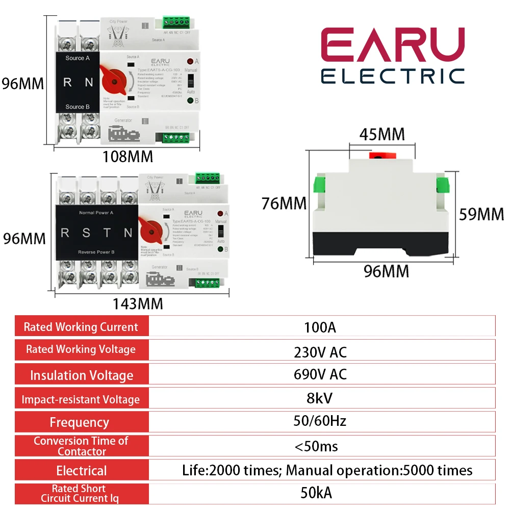 2P 4P ATS Dual Power Selettore di trasferimento automatico Interruttori Gruppo di continuità Millisecond Generatore di corrente 100A AC 220V 110V