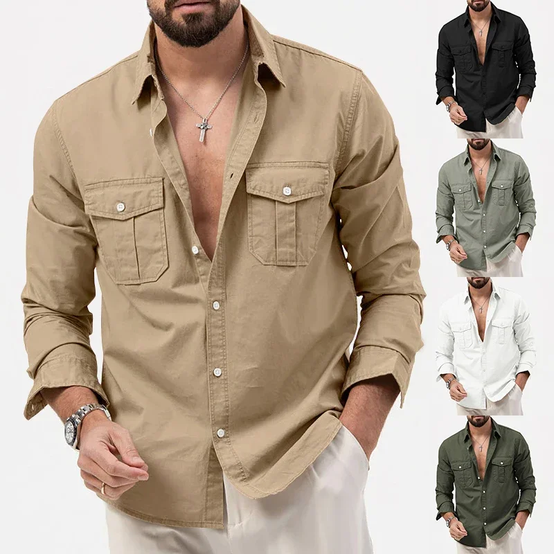 Spring and summer new European and American men's shirt multi-pocket casual long-sleeved shirt