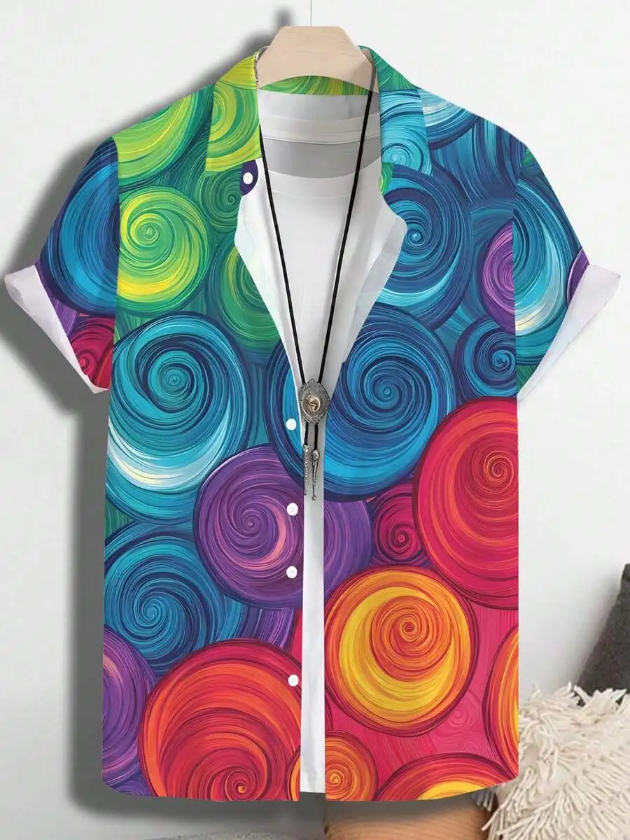 

Colorful Spiral Vortex Pattern Mens Hawaiian Shirt For Summer Beach And Casual Travel