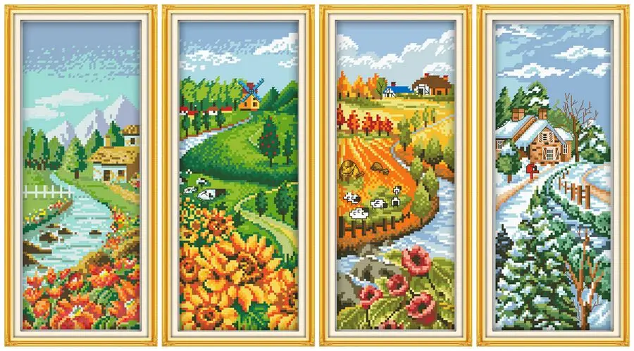 Vertical Four Seasons Needlework, Embroidery,DIY, 14CT, Unprinted Arts, Cross Stitch Kits Set, Cross-Stitching, Home Decor