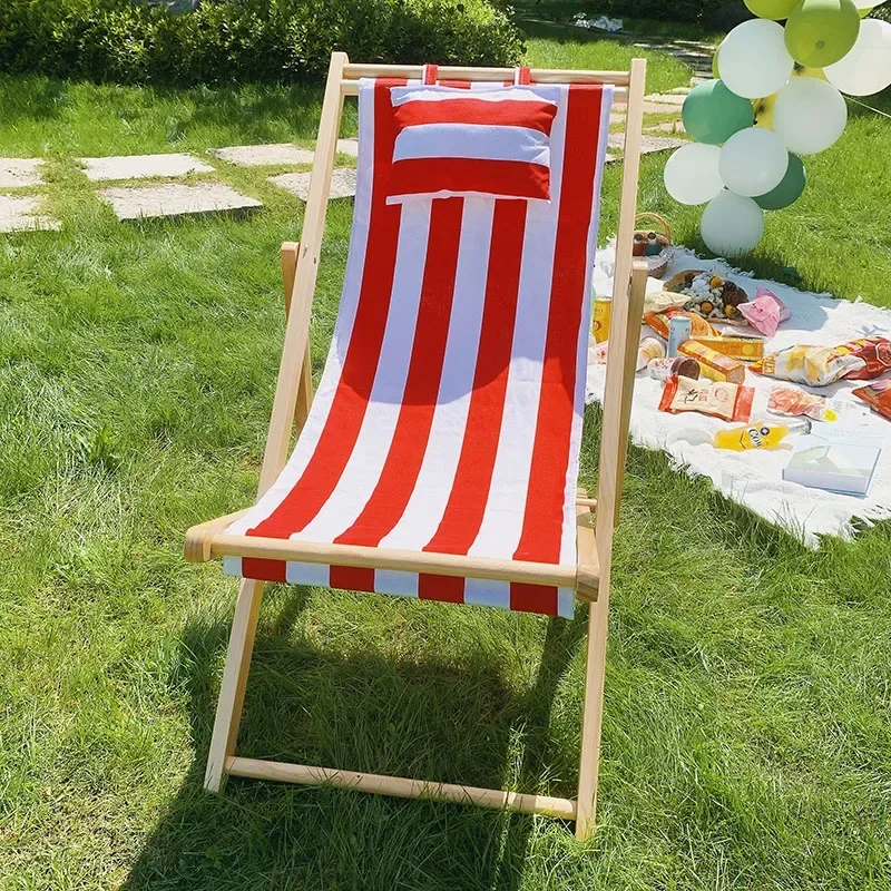 Outdoor Minimalist Beach Chair Modern Luxury Design Wooden Foldable Lounge Oxford Cloth Portable Comfortable Leisure Furniture