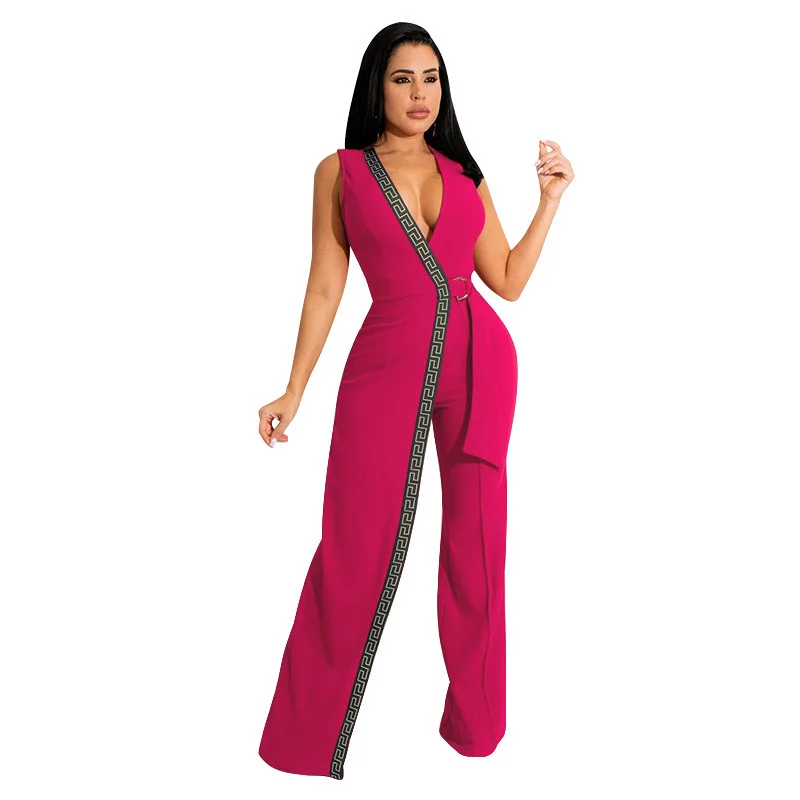 Jumpsuit Spring New Wi Slim Fit Deep V dengan Sabuk, Celana Panjang Pinggang Tinggi, Model Sederhana dan Modis, Bahan Serat Polyester