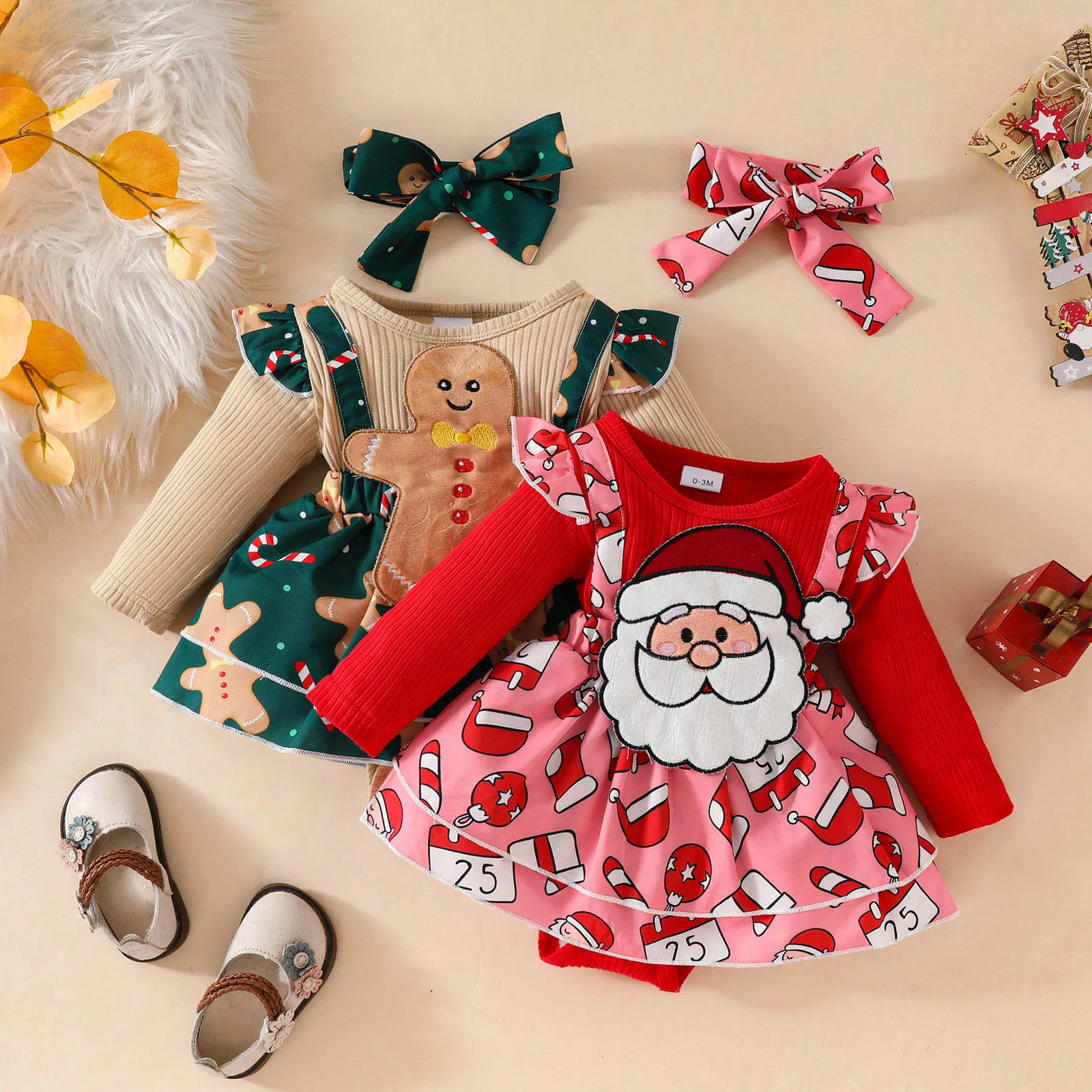 

Newborn Baby Christmas Romper Set Long Sleeve Santa Claus Gingerbread Man Printed Triangle Bodysuit And Headband Two Piece Sets