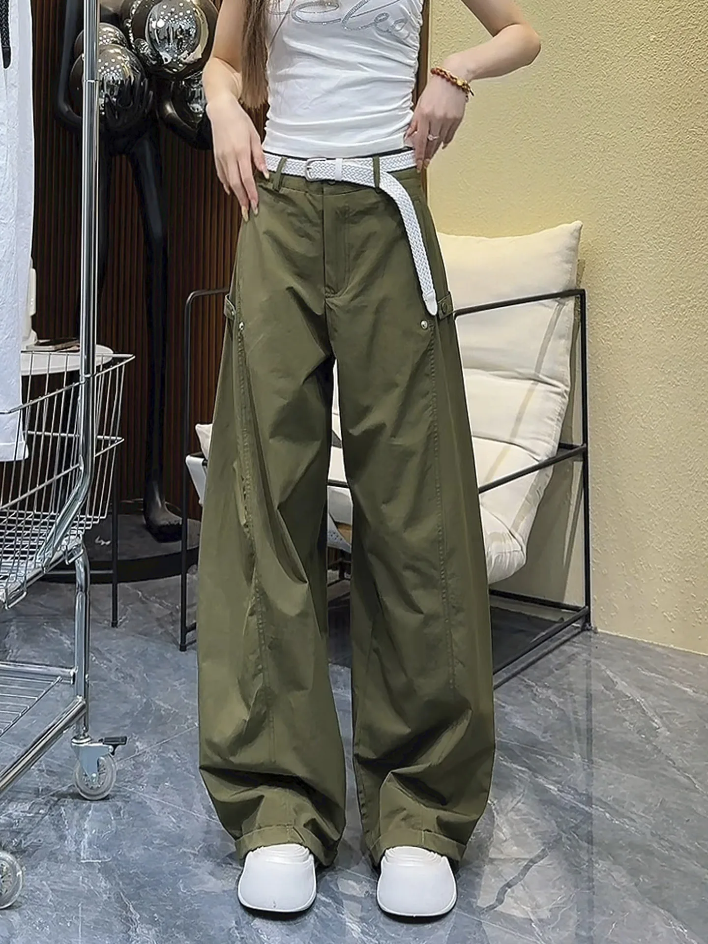 

Военные американские ретро широкие рабочие брюки женские летние тонкие новые дизайнерские спортивные повседневные брюки с высокой талией длинные ...