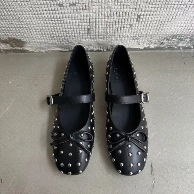 

Women's Flat Shoes 2025 Spring New Round Head Shallow Mouth Butterfly Knot Rivets Metal Buckle Non-slip Wear-resistant Shoes