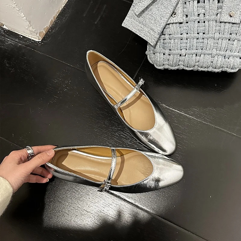 

Women Mules Slippers Concise Style Simple Flat Shoes Round Toe Silver Mary Janes Spring Autumn Women Flats One Strap Metal Color