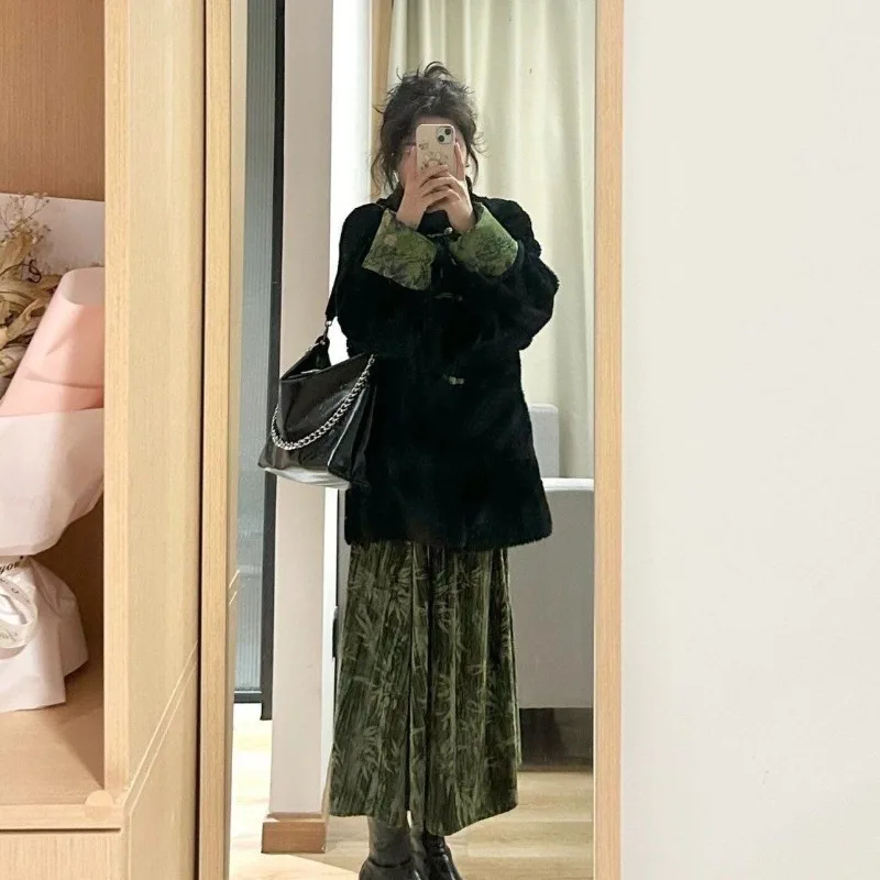 

Large Size Women's Chinese Style Green Printing Splicing Winter New Thickened Warm Skirt Set New Chinese Style