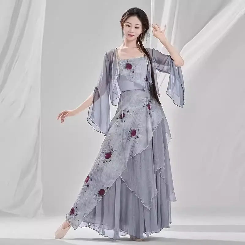 [エレガントなガーゼスカート]女性用の新しいクラシックダンス衣装、エレガントなシフォンドレス、ワンピースシフォンスカートパンツ、中国風