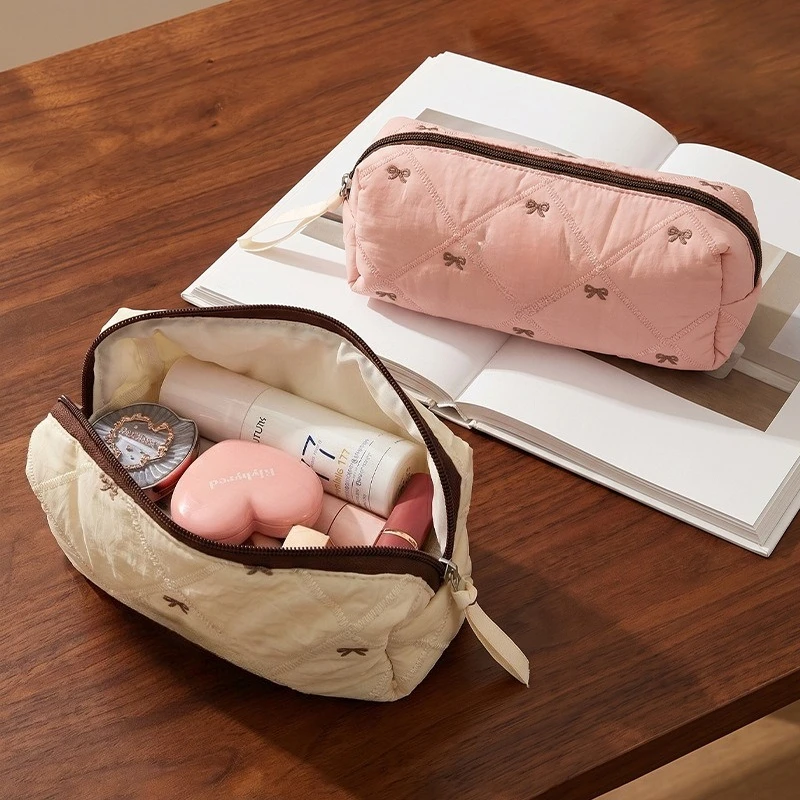 Girl's Heart Embroidery Bow Pencil Bag Rhombus Large Capacity Stationery Bag Student Daily Learning Storage Pencil Bag