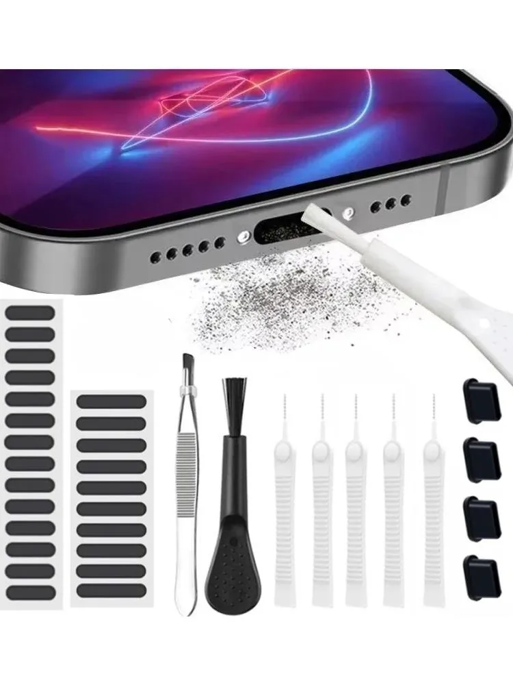 Uniwersalna naklejka z siatką przeciwkurzową na głośnik telefonu komórkowego, zatyczka przeciwkurzowa do portu Type-C, pęseta do iPhone'a, Samsunga, zestaw do czyszczenia. — 2