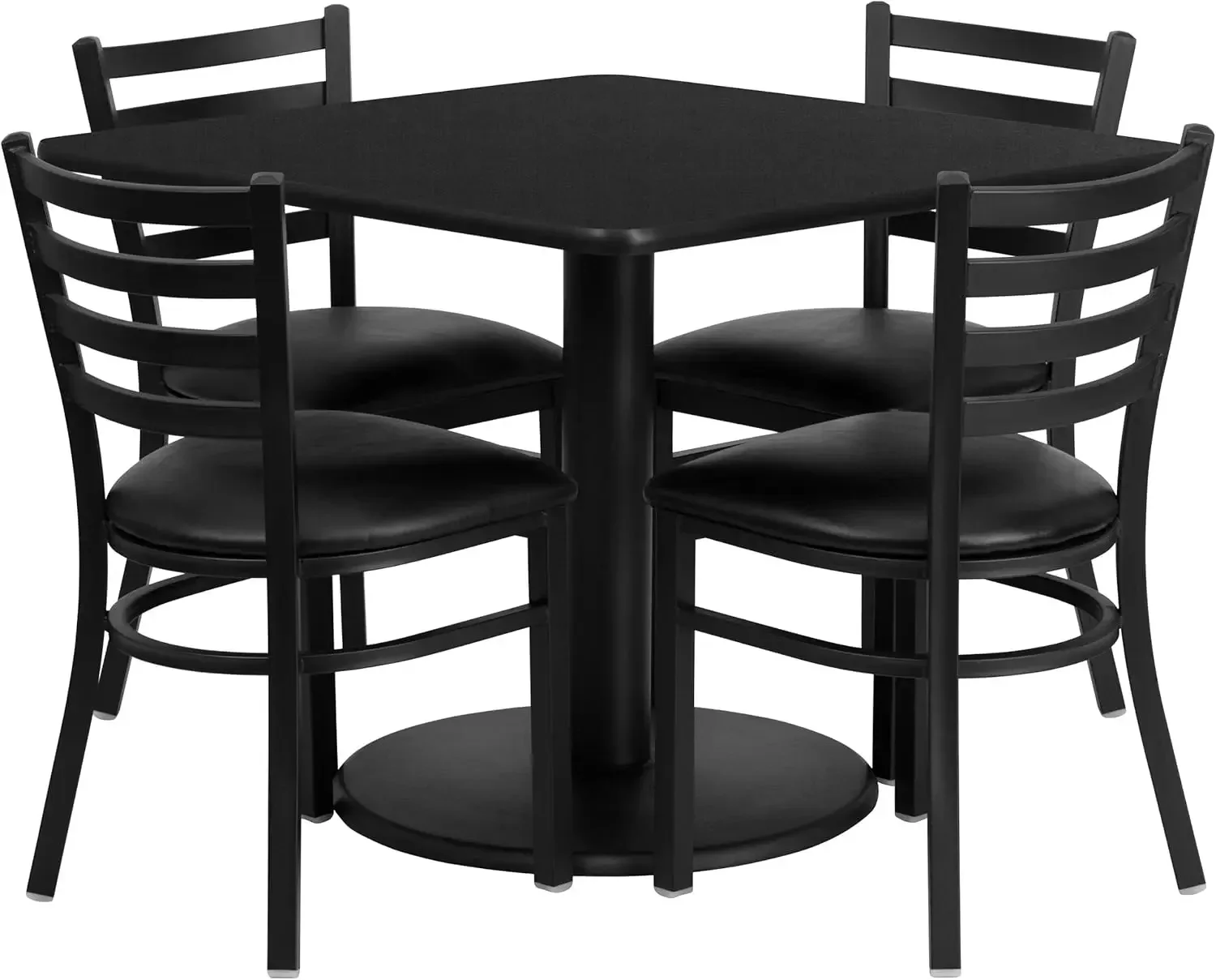 Furniture Jamie 36'' Square Black Laminate Table Set with Round Base and 4 Ladder Back Metal Chairs - Black Vinyl Seat