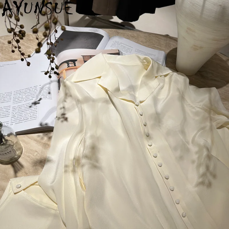 

AYUNSUE 100% Mulberry Silk Shirts & Blouses 2025 New Office Woman Clothing Long Sleeve Clothing for Woman Pantalones De Mujer