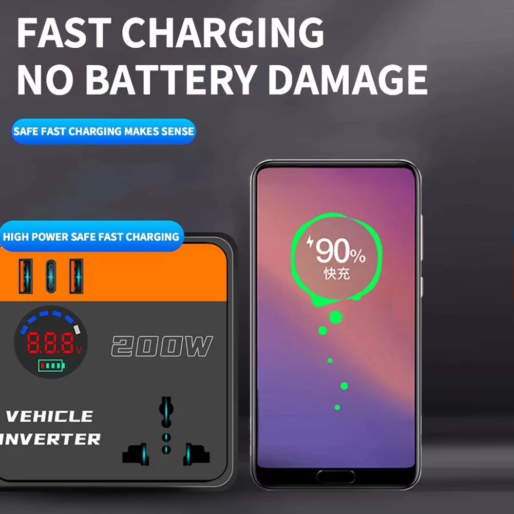 200W Car Inverter with USB PD Port Fast Charging DC12V 24V to AC 220V Vehicle Power Converter with Voltage Display