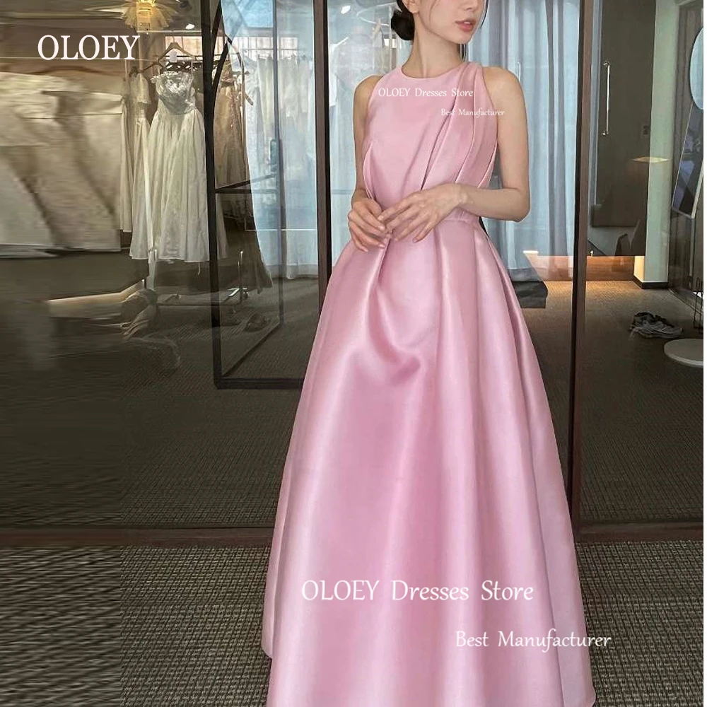 

OLOEY Korea Blush Pink Korea Evening Dresses Vintage Satin Floor Length Simple Formal Party Prom Gowns Wedding Photo shoot