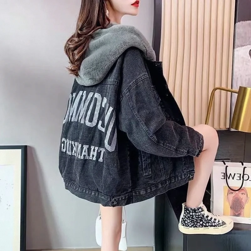 

Thickening 2023 Winter Denim Jacket Women's Hooded Embroidery Loose Warm Cotton Clothes Cotton Clothes