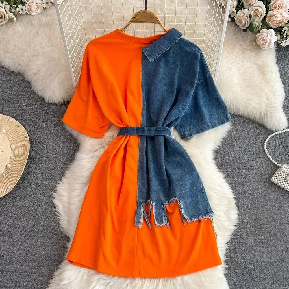 TWOTWINSTYLE Hit Color High Street Dress For Women O Neck Short Sleeve Patchwork Sashes Slimming Dress Female Fashion KDR521992