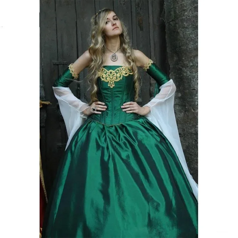 customized 2025 Gothic  Strapless Halloween Bridal Gowns Long Sleeves Floor Length Corset Back Satin Hunt Green Embroidery