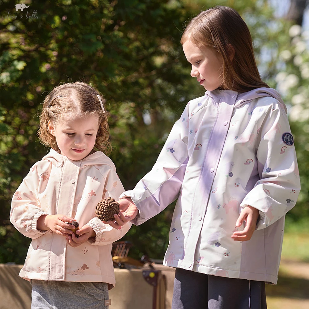 Dave Bella Girls Printed Spring Autumn Jacket Coat for Children Waterproof Outdoor Hooded Kids Outerwear Clothing Coat DB3263305